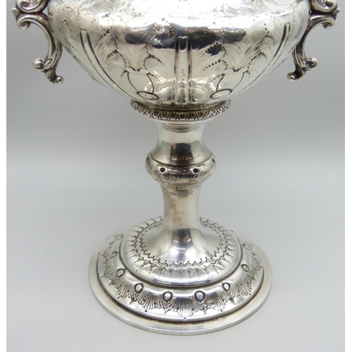 7131 - A Victorian silver two handled cup, Birmingham 1876, George Unite, with inscription dated 1876, 545g... 