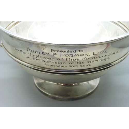 7134 - A large silver two handled bowl, with Thos. Forman & Sons related inscription dated 1920, Sheffield ... 