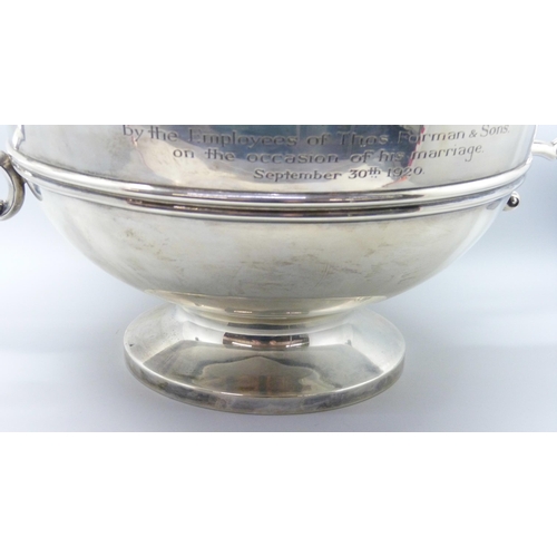 7134 - A large silver two handled bowl, with Thos. Forman & Sons related inscription dated 1920, Sheffield ... 