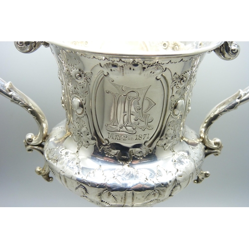 7136 - A Victorian silver two handled cup, Birmingham 1870, George Unite, with inscription dated 1871, 550g... 