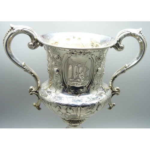 7136 - A Victorian silver two handled cup, Birmingham 1870, George Unite, with inscription dated 1871, 550g... 