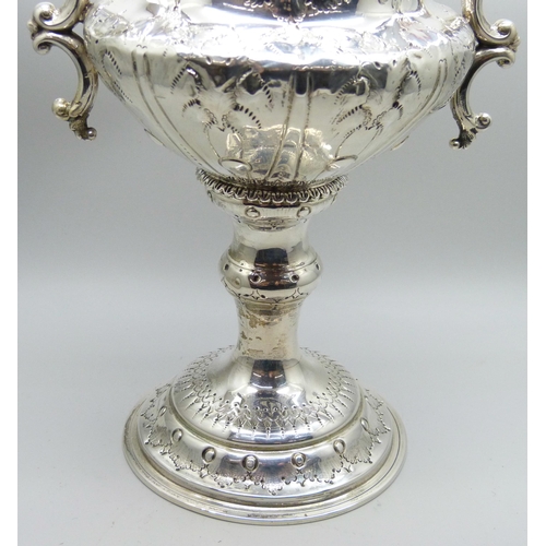 7136 - A Victorian silver two handled cup, Birmingham 1870, George Unite, with inscription dated 1871, 550g... 