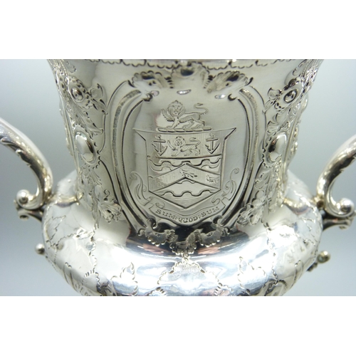 7136 - A Victorian silver two handled cup, Birmingham 1870, George Unite, with inscription dated 1871, 550g... 