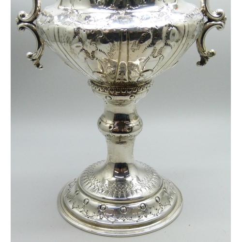 7136 - A Victorian silver two handled cup, Birmingham 1870, George Unite, with inscription dated 1871, 550g... 