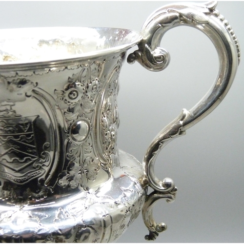 7136 - A Victorian silver two handled cup, Birmingham 1870, George Unite, with inscription dated 1871, 550g... 