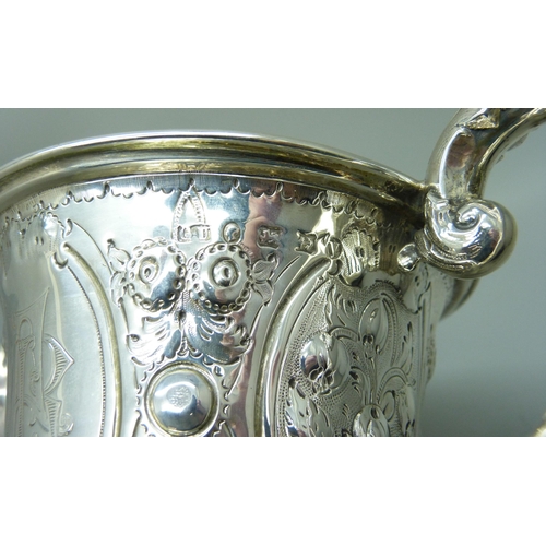 7136 - A Victorian silver two handled cup, Birmingham 1870, George Unite, with inscription dated 1871, 550g... 