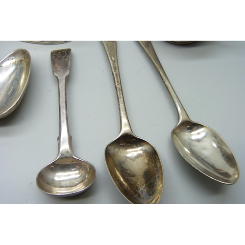 7148 - Five silver condiments and seven silver spoons, 338g