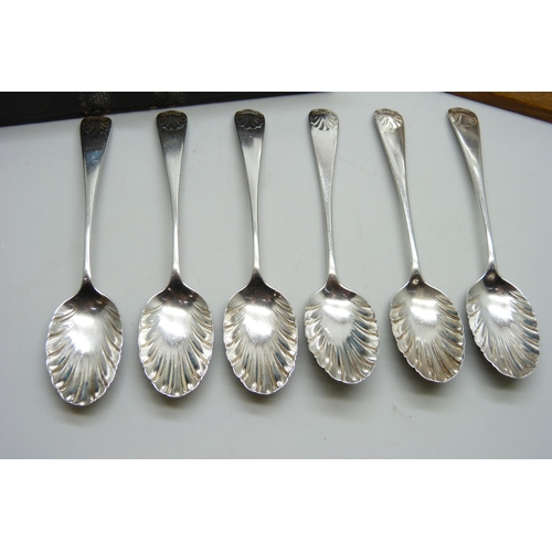 7150 - A set of six silver teaspoons, 86g, a set of six silver plated Art Nouveau spoons, cased, and a whit... 