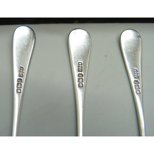 7150 - A set of six silver teaspoons, 86g, a set of six silver plated Art Nouveau spoons, cased, and a whit... 