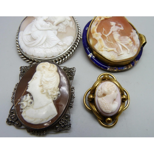 7170 - Four cameo brooches, enamel on one a/f