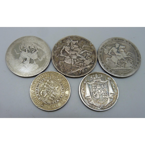 7227 - Two George III silver crowns, a Victoria silver crown, William IV and George III silver half-crowns,... 