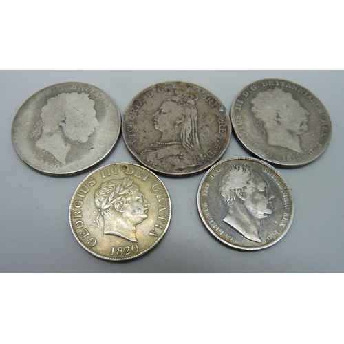 7227 - Two George III silver crowns, a Victoria silver crown, William IV and George III silver half-crowns,... 