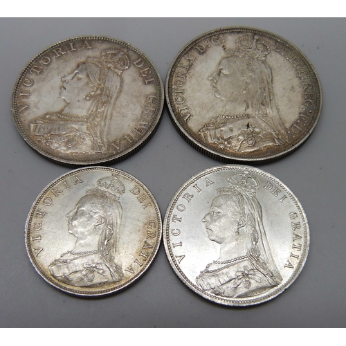 7228 - Four Victorian silver coins, crown, half-crown, double florin and florin, all 1887, 76.5g