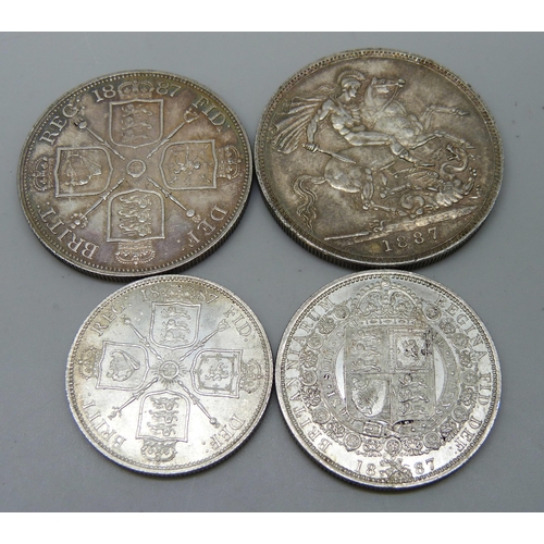 7228 - Four Victorian silver coins, crown, half-crown, double florin and florin, all 1887, 76.5g