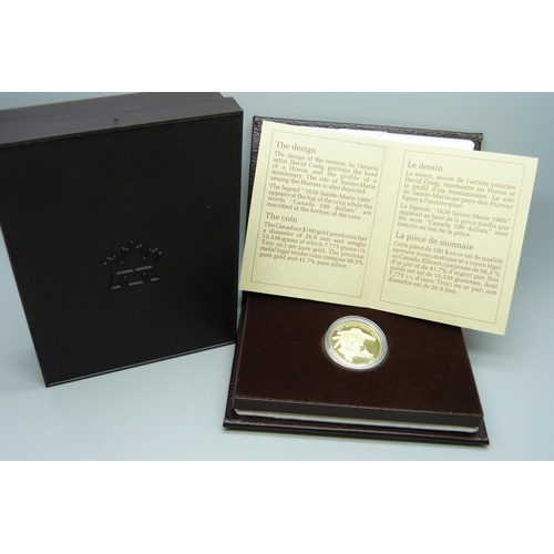 7233 - A Royal Canadian Mint 1989 $100 Gold Proof Coin (13.338g)