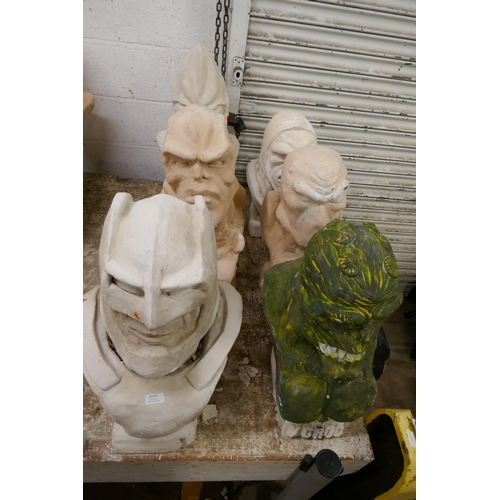 5370 - 6 concrete busts featuring mainly D.C. Comic characters including Killer Croc, Batman, Bane, Darksei... 