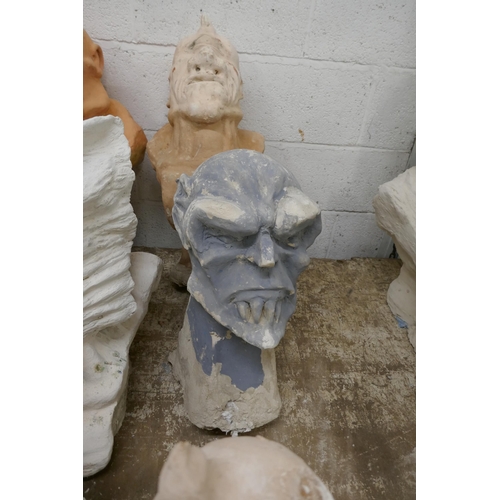 5371 - 6 concrete busts featuring miscellaneous characters including cyclops, a gargoyle, a wolf, a mutant ... 