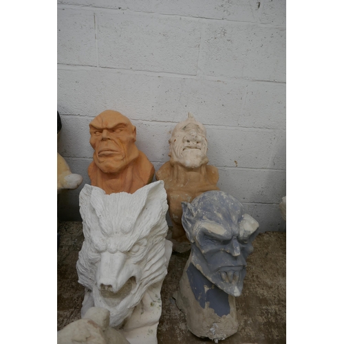 5371 - 6 concrete busts featuring miscellaneous characters including cyclops, a gargoyle, a wolf, a mutant ... 