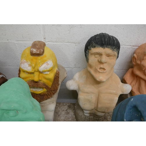 5372 - 6 concrete busts featuring mainly film characters including Hellboy, Robo Cop, Slimer and Bruce Lee ... 