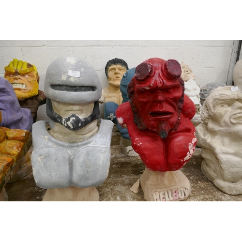 5372 - 6 concrete busts featuring mainly film characters including Hellboy, Robo Cop, Slimer and Bruce Lee ... 