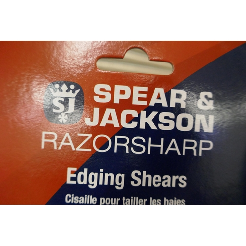 5377 - 2 Spear and Jackson Razor Sharp edging shears, a Gorilla broom and a wooden broom