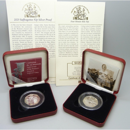 7246 - Two Royal Mail UK silver proof 50p coins, Four Minute Mile and 100th Anniversary of the Women's Soci... 