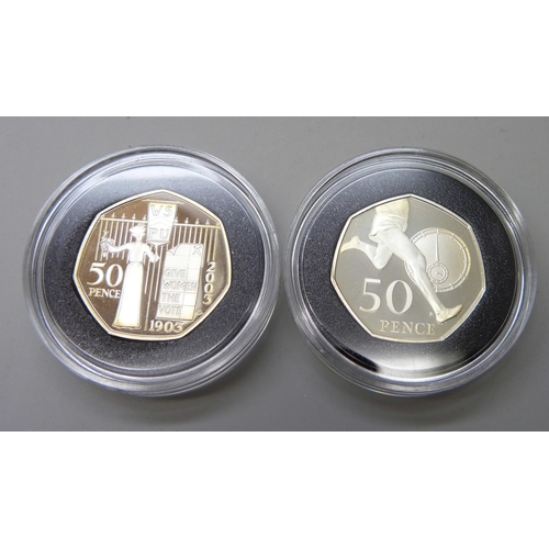 7246 - Two Royal Mail UK silver proof 50p coins, Four Minute Mile and 100th Anniversary of the Women's Soci... 