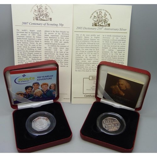 7247 - Two Royal Mail UK silver proof 50p coins, Scouts, 100 Years of Adventure and 250th Anniversary of Sa... 