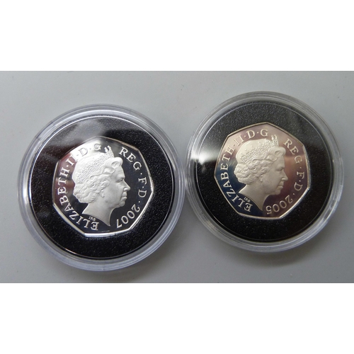 7247 - Two Royal Mail UK silver proof 50p coins, Scouts, 100 Years of Adventure and 250th Anniversary of Sa... 