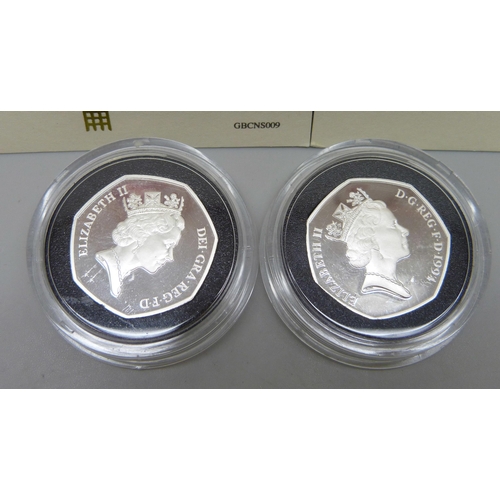 7248 - Two silver proof 50p coins, with certificates, European Presidency 1992-1993 and 50th Anniversary of... 