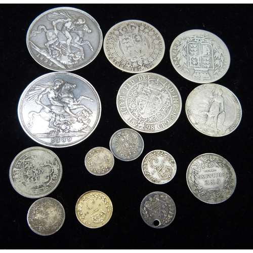 7249 - Coins; two Victorian silver crowns, 1889 and 1892, an 1844 2d and other silver coins, 126g