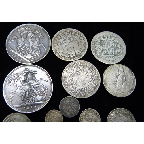 7249 - Coins; two Victorian silver crowns, 1889 and 1892, an 1844 2d and other silver coins, 126g