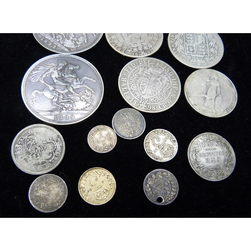 7249 - Coins; two Victorian silver crowns, 1889 and 1892, an 1844 2d and other silver coins, 126g