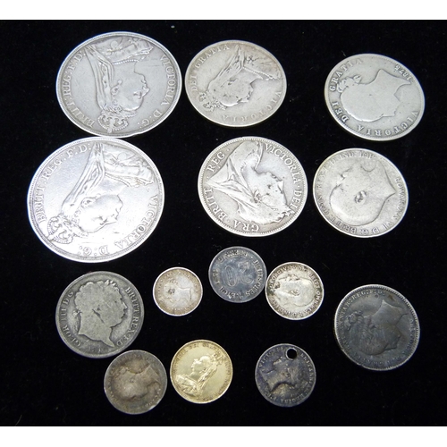 7249 - Coins; two Victorian silver crowns, 1889 and 1892, an 1844 2d and other silver coins, 126g