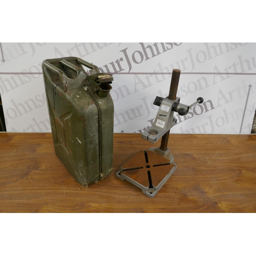 5411 - A Wolfcraft drill press and a green metal 20 litre jerry can