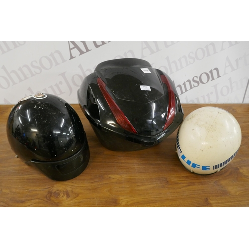 5412 - Two motorcycle helmets and a motorcycle back box