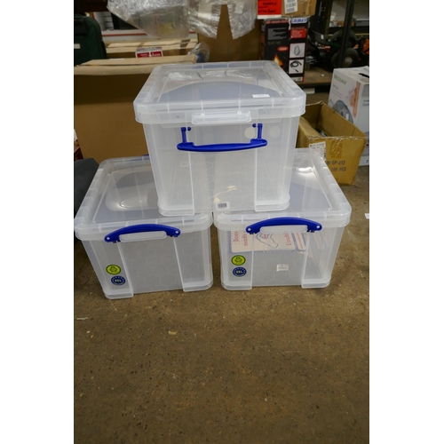 5437 - Three 35 litre “Really Useful” clear plastic storage containers with lids