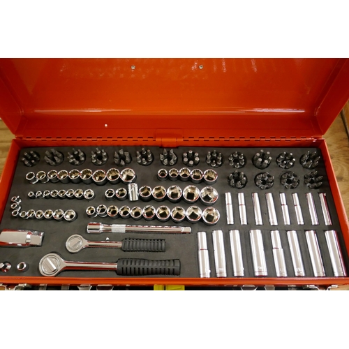 5494 - A Hum Boldt red metal 2 drawer tool box kit including sockets, socket wrenches, screwdrivers, driver... 