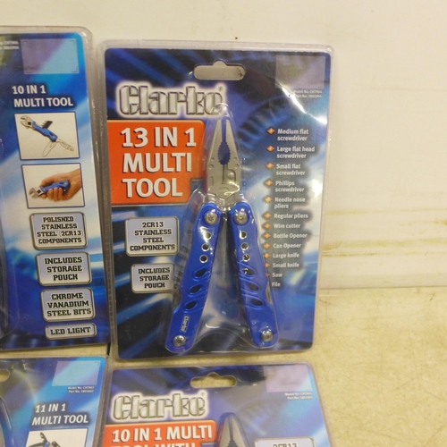 5041 - Two Clarke 10 in 1 multi tools, a Clarke 13 in 1 multi tool and a Clarke 11 in 1 multi tool * This l... 