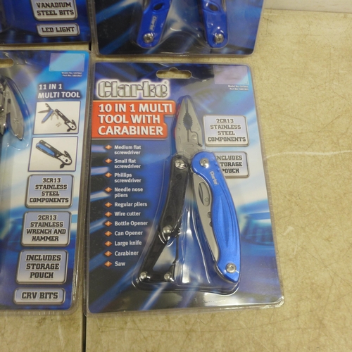 5041 - Two Clarke 10 in 1 multi tools, a Clarke 13 in 1 multi tool and a Clarke 11 in 1 multi tool * This l... 