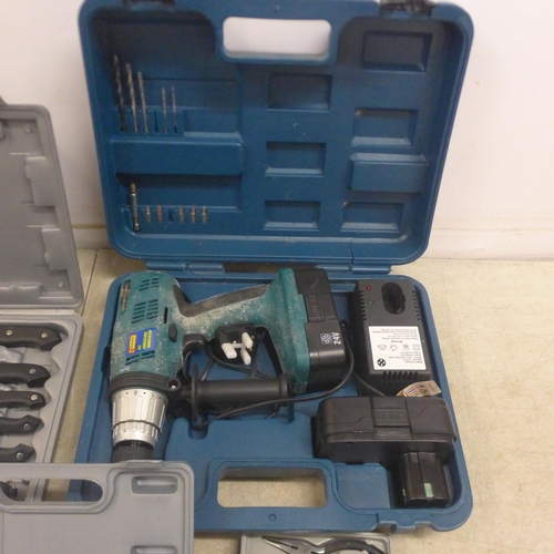 5043 - 4 cases of tools including a Marksman drill with charger, a set of 6 kitchen knives in case, a case ... 