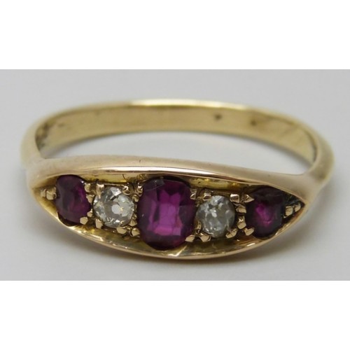 7005 - An 18ct gold, diamond and red stone ring, 3.9g, S/T