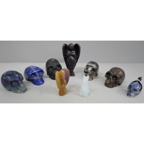 2014 - Five carved hardstone crystal skulls, a carved horse, angel, locust and skull keyring