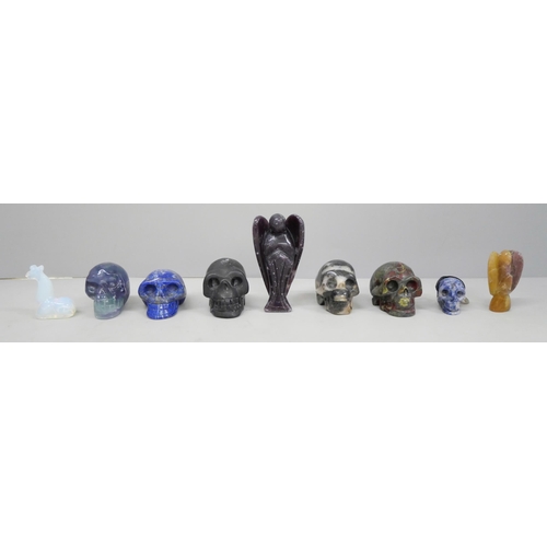 2014 - Five carved hardstone crystal skulls, a carved horse, angel, locust and skull keyring