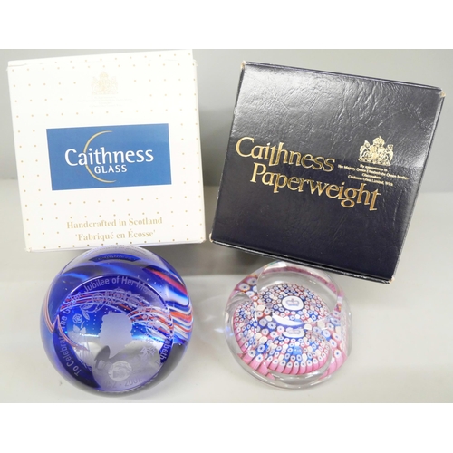 2015 - Two Queen Elizabeth II anniversary glass paperweights, millefiori silver jubilee and Caithness golde... 