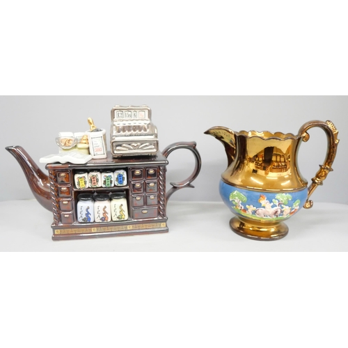 2017 - A Victorian lustreware copper pitcher and a Cardew teapot in the style of a teashop