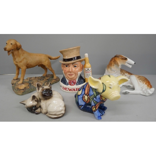 2018 - S Border Fine Arts Golden Labrador, USSR borzoi, Beswick cats, Country Artist pig and a Doulton Dewa... 