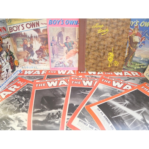 2048 - The War Weekly publications, 1940s, three Boy's Own paper, 1936, 1938 and 1940 and  a scrapbook with... 