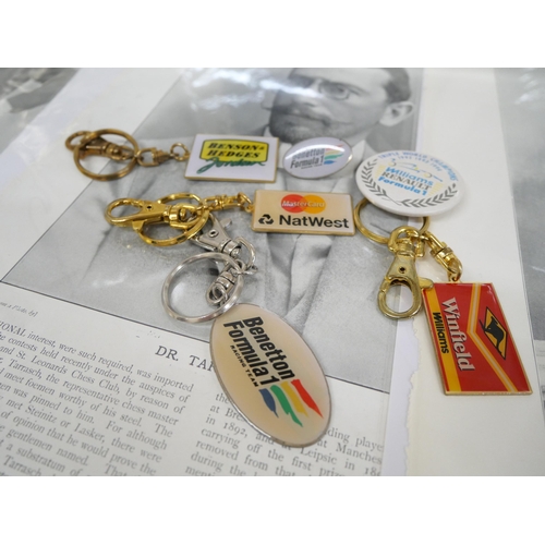 2092 - Sporting prints, 1900s golf, etc., and F1 badges and keyrings