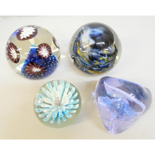 2116 - A collection of glass paperweights, Isle of Wight Alum Bay sand/glass paperweight and a wooden eleph... 